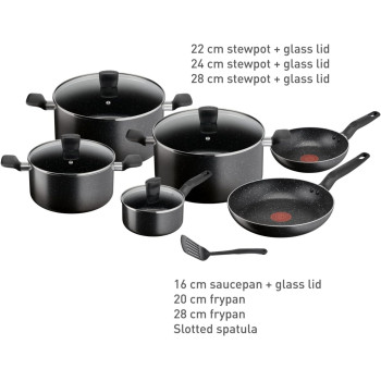 Tefal Dark Stone 11 Pc Set, Non-Stick, Stewpots 22/24/28 Cm, Saucepan 16 Cm, Frypans 20/28 Cm, Slotted Spatula, Aluminium, B491Bs85, 1 Year Warranty