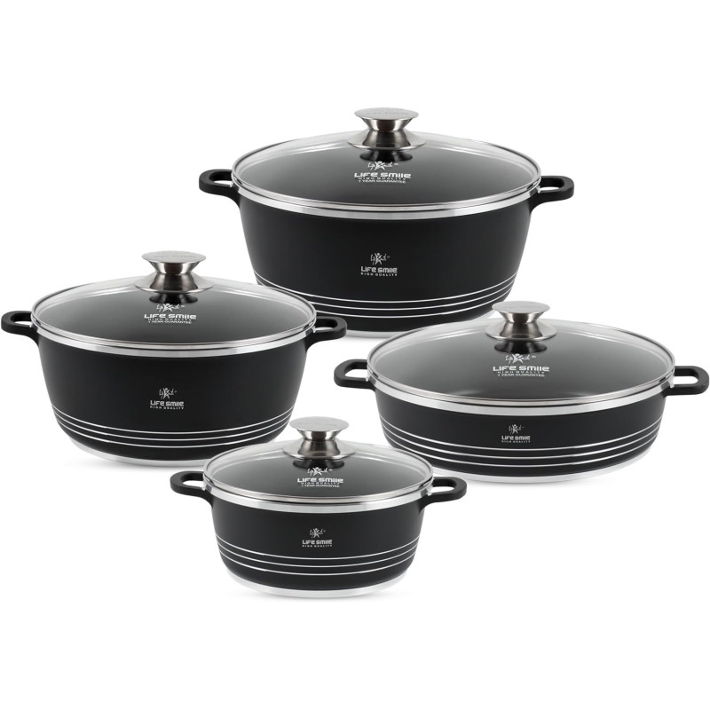 Life Smile Cookware Set Ceramic Non Toxic- Life Smile Pots And Pans Set Multi Layer Non Stick Coating Cookware Sets 100% Pfoa Free, Kitchenware Cooking Sets With Frying Pans (8 Pieces, Ceramic), 1 Year Warranty