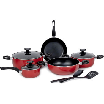 Wilson Presto 10 Piece Non-Stick Cookware Set, Non Stick Aluminium, Casserole, Sauce Pan, Fry Pan, Solid Spoon, Turner, Red, 1 Year Warranty