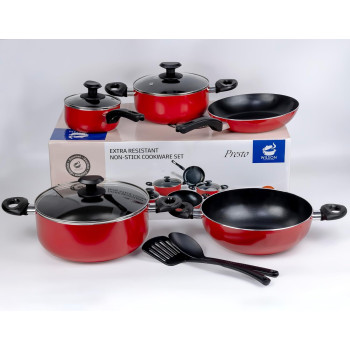 Wilson Presto 10 Piece Non-Stick Cookware Set, Non Stick Aluminium, Casserole, Sauce Pan, Fry Pan, Solid Spoon, Turner, Red, 1 Year Warranty