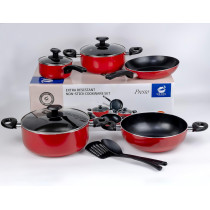 Wilson Presto 10 Piece Non-Stick Cookware Set, Non Stick Aluminium, Casserole, Sauce Pan, Fry Pan, Solid Spoon, Turner, Red, 1 Year Warranty