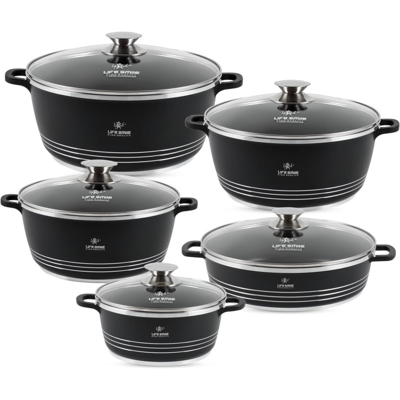Life Smile Cookware Set Ceramic Non Toxic - Life Smile Pots And Pans Set Multi Layer Non Stick Coating Cookware Sets 100% Pfoa Free, Kitchenware Cooking Sets With Frying Pans (10 Pieces, Ceramic), 1 Year Warranty
