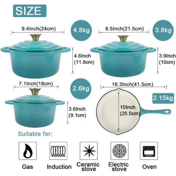 V A V Healthy And Safe, Non-Stick Enameled 7-Pcs Set Of Cast Iron Dutch Oven Cookwares. Set Includes: 24Cm Dutch Oven Fry Pan, 18Cm, 21Cm, 24Cm Dutch Oven Cookwares With Lids., 1 Year Warranty