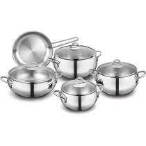 Korkmaz Tombik 9 Pieces Stainless Steel Cookware Set, Induction Base Pots And Pans Set Silver 9 Pcs A1800, 1 Year Warranty
