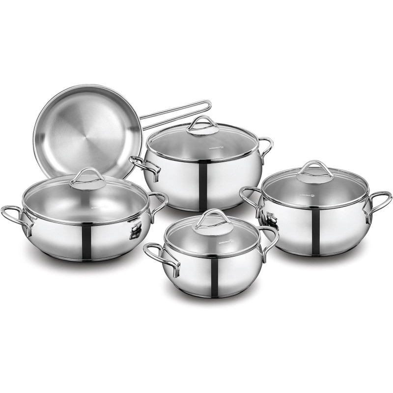 Korkmaz Tombik 9 Pieces Stainless Steel Cookware Set, Induction Base Pots And Pans Set Silver 9 Pcs A1800, 1 Year Warranty