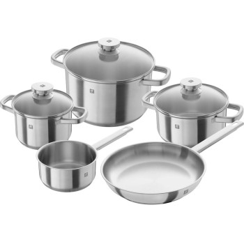 Zwilling Kitchen Zwilling Joy 5 Pc Cookware Set, 3-Ply Base, Scratch-Resistant, 18/10 Stainless Steel Body, Oven Safe, Dishwasher Safe, Set of 3 Pots, Sauce Pan & Fry Pan, 1 Year Warranty