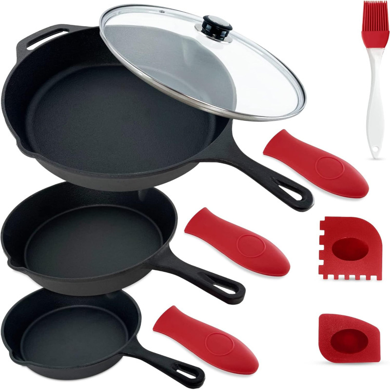 Empire Trading & Commerce Empire Cast Iron Skillet Set Of 3 Pcs, Pre-Seasoned Non Stick Frying Pans- 11.8 Inches, 10.2 Inches & 7.8 Inches With Silicone Handles, Oil Brush & Scrapper, Black, 1 Year Warranty