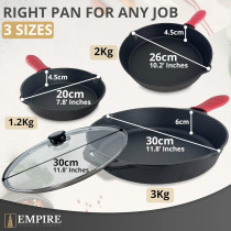 Empire Trading & Commerce Empire Cast Iron Skillet Set Of 3 Pcs, Pre-Seasoned Non Stick Frying Pans- 11.8 Inches, 10.2 Inches & 7.8 Inches With Silicone Handles, Oil Brush & Scrapper, Black, 1 Year Warranty