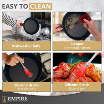 Empire Trading & Commerce Empire Cast Iron Skillet Set Of 3 Pcs, Pre-Seasoned Non Stick Frying Pans- 11.8 Inches, 10.2 Inches & 7.8 Inches With Silicone Handles, Oil Brush & Scrapper, Black, 1 Year Warranty