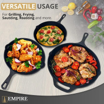 Empire Trading & Commerce Empire Cast Iron Skillet Set Of 3 Pcs, Pre-Seasoned Non Stick Frying Pans- 11.8 Inches, 10.2 Inches & 7.8 Inches With Silicone Handles, Oil Brush & Scrapper, Black, 1 Year Warranty