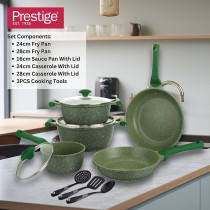 Prestige Essentials Nonstick Pots And Pans Set, Induction Cookware Set 11 Pieces, Non Stick Set Combo, Granite Cooking Set, Fry Pan Non Stick Combo Set - Green, 1 Year Warranty