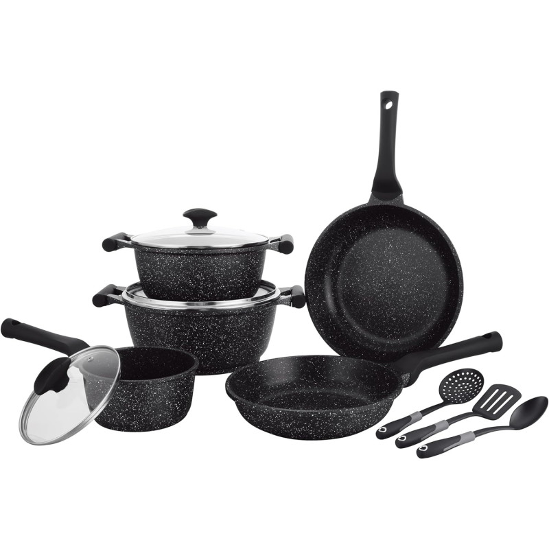 Prestige Essentials Nonstick Pots And Pans Set, Induction Cookware Set 11 Pieces, Non Stick Set Combo, Granite Cooking Set, Fry Pan Non Stick Combo Set - Black, 1 Year Warranty