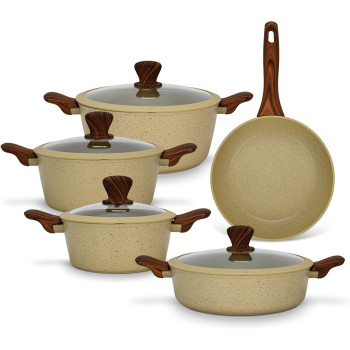 Fissman Cookware Set Radiant Series 9 Pcs Aluminium With Non-Stick Coating, Cream Color, Casserole With Lid 20Cm, 24Cm, 28Cm, Saucepan 16Cm, Frying Pan 24Cm With Standard German Coating, 1 Year Warranty