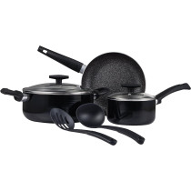 Bergner Shine 7Pcs Cookware Set Pressed Aluminum, Marble+ Non-Stick Coating, Induction Bottom, Black Color, Bg34660Bk, 1 Year Warranty