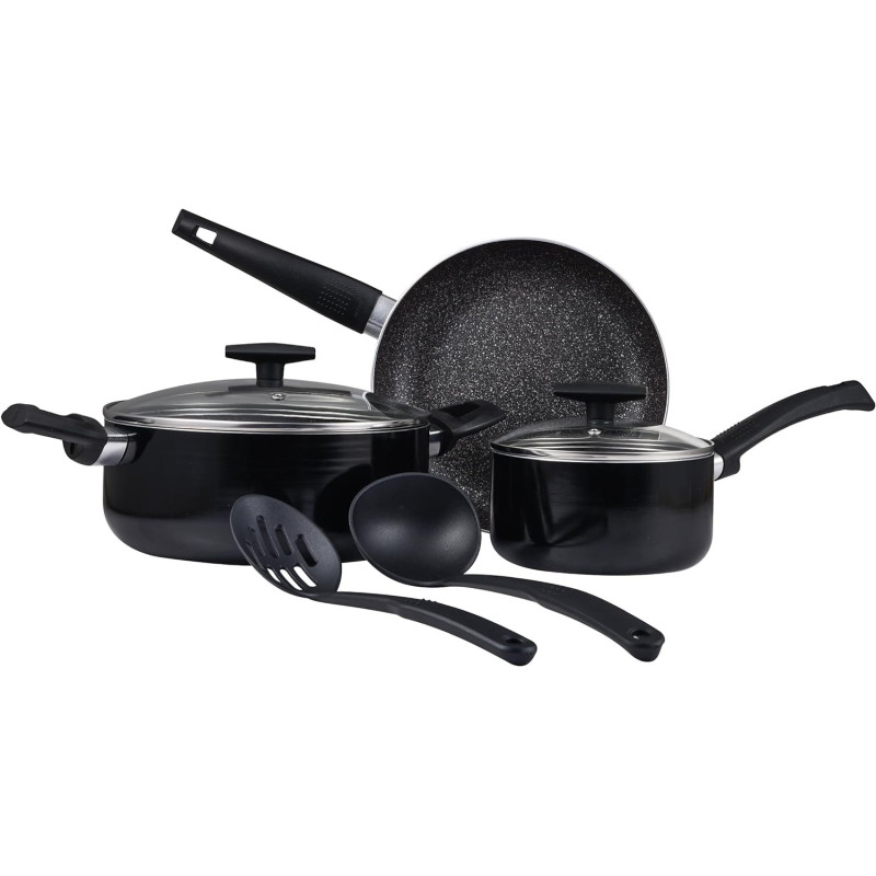 Bergner Shine 7Pcs Cookware Set Pressed Aluminum, Marble+ Non-Stick Coating, Induction Bottom, Black Color, Bg34660Bk, 1 Year Warranty