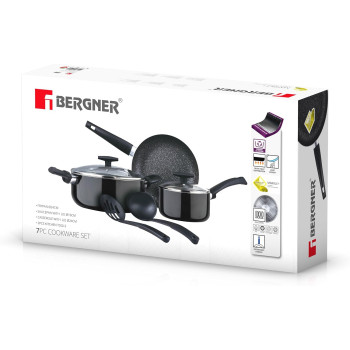 Bergner Shine 7Pcs Cookware Set Pressed Aluminum, Marble+ Non-Stick Coating, Induction Bottom, Black Color, Bg34660Bk, 1 Year Warranty
