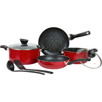 Bergner Bellini 8 Pcs Cookware Set, Pressed Aluminum, Red Colour, Bg31201, 1 Year Warranty