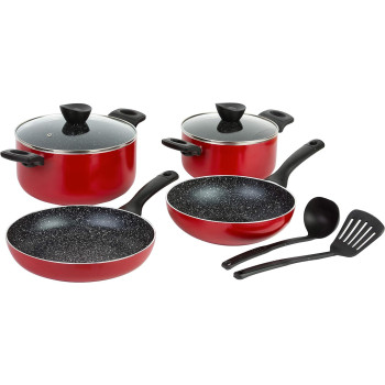 Bergner Bellini 8 Pcs Cookware Set, Pressed Aluminum, Red Colour, Bg31201, 1 Year Warranty