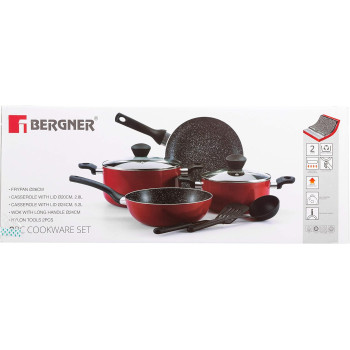 Bergner Bellini 8 Pcs Cookware Set, Pressed Aluminum, Red Colour, Bg31201, 1 Year Warranty
