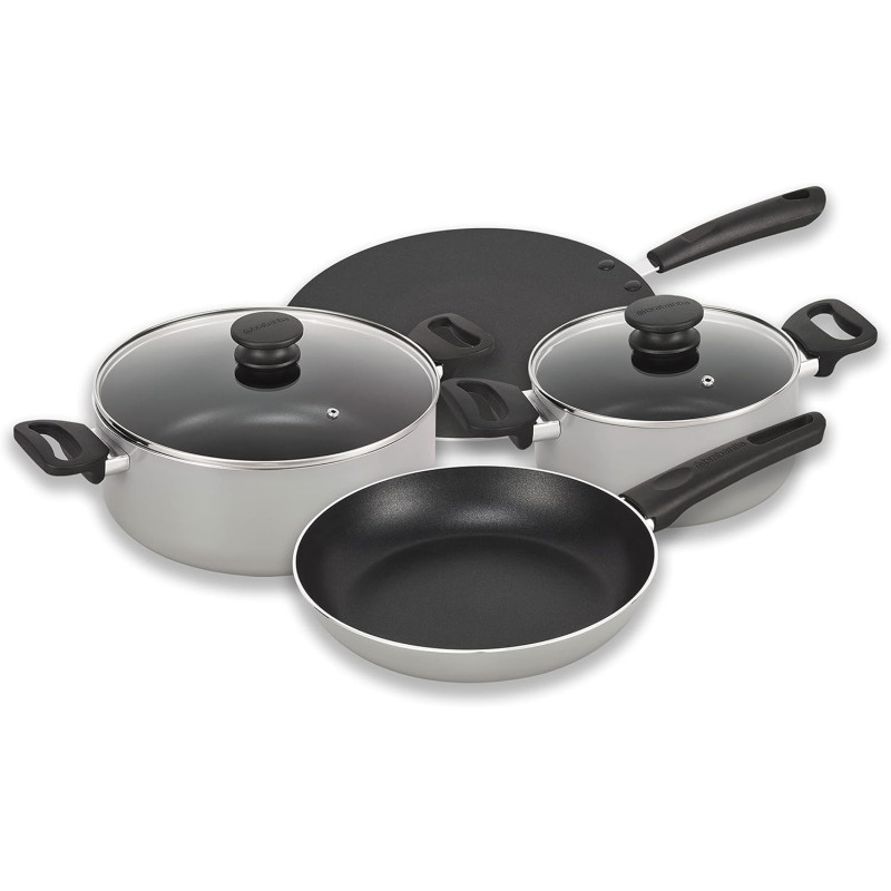 Brabantia Indu+ 4 Pcs Cookware Set Casserole 20Cm & Casserole 28Cm, Prata Pan 28Cm And Frying Pan 24Cm With Excellent Non Stick Properties And Aluminium Body, Metallic Grey, 1 Year Warranty