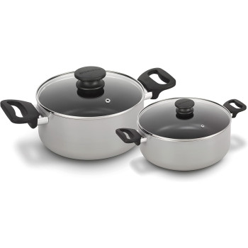 Brabantia Indu+ 4 Pcs Cookware Set Casserole 20Cm & Casserole 28Cm, Prata Pan 28Cm And Frying Pan 24Cm With Excellent Non Stick Properties And Aluminium Body, Metallic Grey, 1 Year Warranty