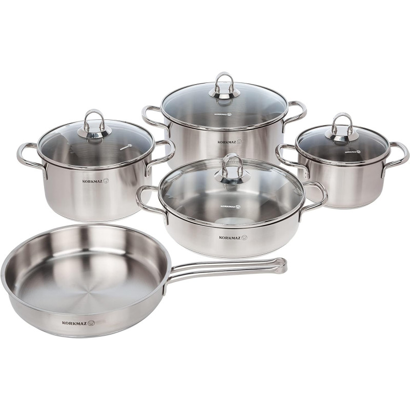 Korkmaz Satina 9 Pcs Cookware Set, Silver, A1865, 1 Year Warranty