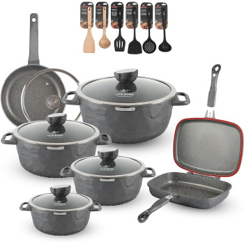 Life Smile Cookware Set 18 Pieces - Life Smile Induction Pot And Pan Set-Granite Non Stick Coating, Die Cast Aluminum Body Include Casseroles & Fry Pan & Double Grill Pan & Kitchen Utensils (Davy Grey), 1 Year Warranty