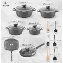Life Smile Cookware Set 18 Pieces - Life Smile Induction Pot And Pan Set-Granite Non Stick Coating, Die Cast Aluminum Body Include Casseroles & Fry Pan & Double Grill Pan & Kitchen Utensils (Davy Grey), 1 Year Warranty
