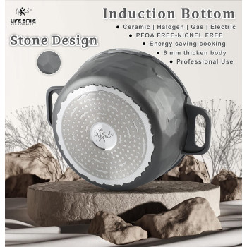 Life Smile Cookware Set 18 Pieces - Life Smile Induction Pot And Pan Set-Granite Non Stick Coating, Die Cast Aluminum Body Include Casseroles & Fry Pan & Double Grill Pan & Kitchen Utensils (Davy Grey), 1 Year Warranty