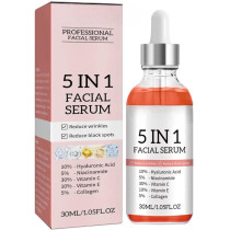 PROFESSIONAL 5 IN 1 Facial Serum With Hyaluronic Acid, Niacinamide, Collagen, Vitamin C & E - 1.05 Fl Oz (30 ML)