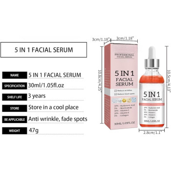 PROFESSIONAL 5 IN 1 Facial Serum With Hyaluronic Acid, Niacinamide, Collagen, Vitamin C & E - 1.05 Fl Oz (30 ML)