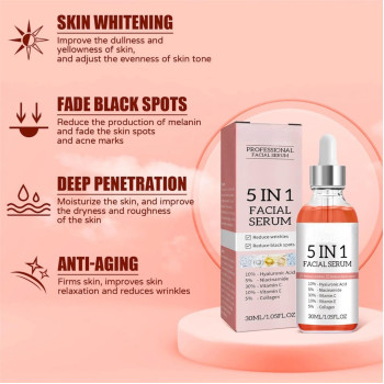 PROFESSIONAL 5 IN 1 Facial Serum With Hyaluronic Acid, Niacinamide, Collagen, Vitamin C & E - 1.05 Fl Oz (30 ML)