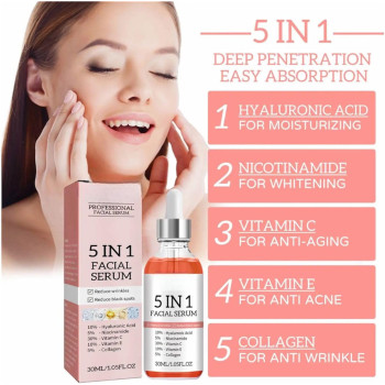 PROFESSIONAL 5 IN 1 Facial Serum With Hyaluronic Acid, Niacinamide, Collagen, Vitamin C & E - 1.05 Fl Oz (30 ML)