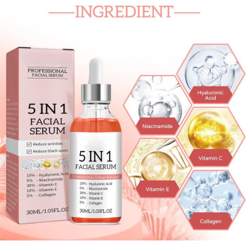 PROFESSIONAL 5 IN 1 Facial Serum With Hyaluronic Acid, Niacinamide, Collagen, Vitamin C & E - 1.05 Fl Oz (30 ML)