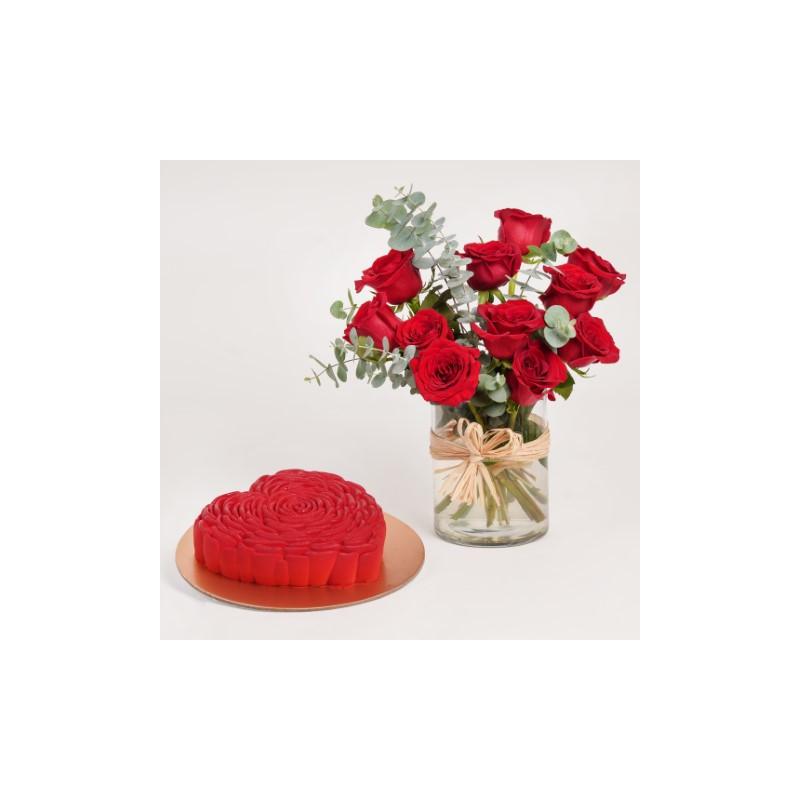 fnp Heart Chocolate Cake with Red Roses in Vase