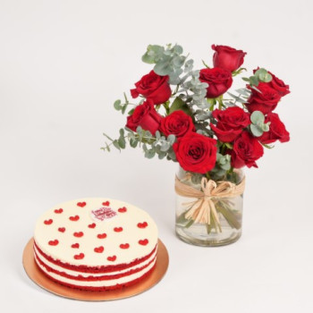 fnp Valentines Red Velvet Cake with Roses in Vase