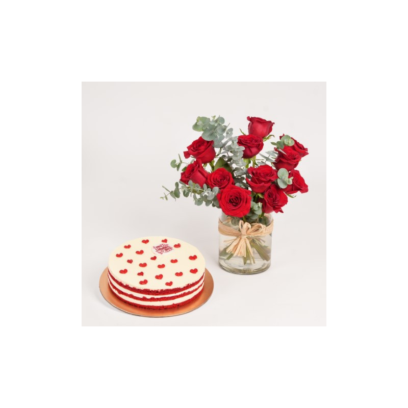 fnp Valentines Red Velvet Cake with Roses in Vase