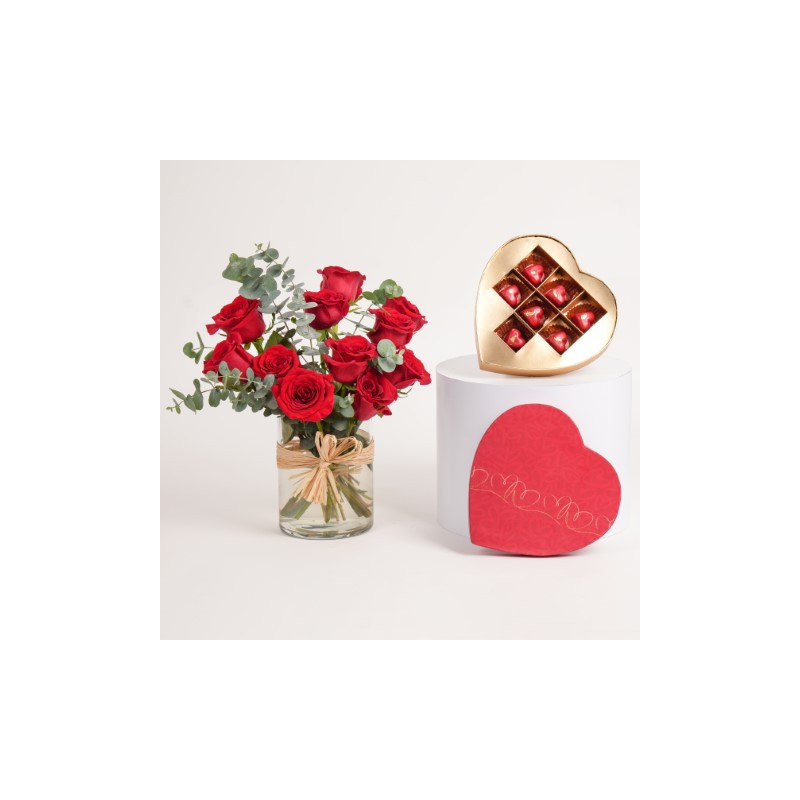 fnp Chocolate in Heart shape Box with Roses in vase