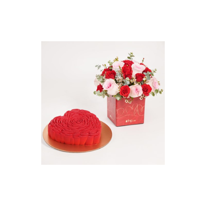 fnp Heart Chocolate Cake with Pink and Red Roses in Valentines Day Vase