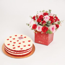 fnp Valentines Red Velvet Cake with Pink and Red Roses in valentines Vase