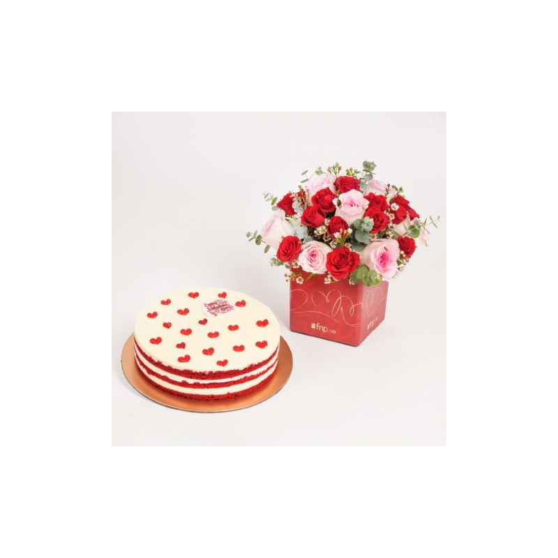 fnp Valentines Red Velvet Cake with Pink and Red Roses in valentines Vase