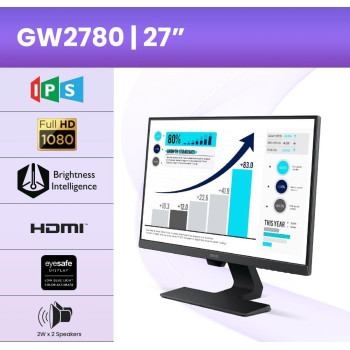 BenQ GW2780 27 Inch 1080P FHD Eye-Care, IPS Monitor, Ultra-Slim Bezel, 60 Hz, Brightness Intelligence, 2Wx2 Speakers, Tilt, HDMI, VGA, Display Port, Cable Management, Flicker-Free