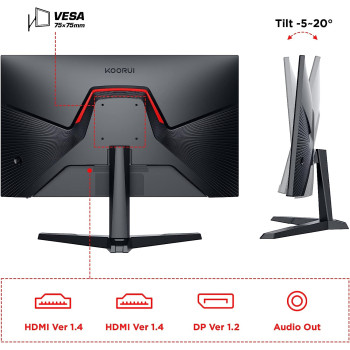 Koorui Monitor Gaming, 24 Inch Computer Screen HDMI, 165Hz, 1080P, 1Ms, IPS, Freesync, Compatible G-Sync, Tilt Adjustable, Eye Care, Vesa Wall Mountable (FHD 1920x1080, Display Port) Black