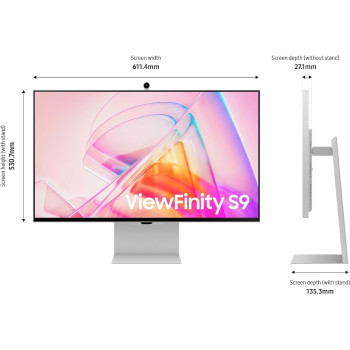 Samsung 27 Inch ViewFinity S9 IPS 5K Monitor With Thunderbolt 4, Mini-Display Port, Matte Display, 4K Slimfit Camera, Slim Metal Design, Airplay, Smart TV Apps, Gaming Hub, For Windows And Mac, LS27C902PAMXUE