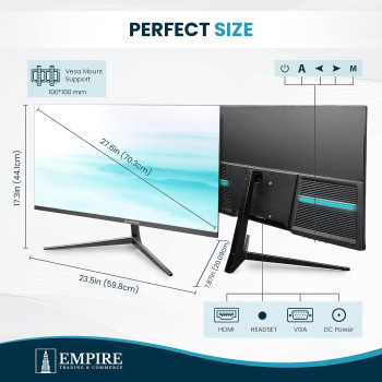 Empire 27 Inch Monitor With Speakers, 75Hz Computer Monitor With 99% SRGB, Ultra-Slim Design Frameless PC Monitor With Tilt V Stand, Anti-Glare And Free Sync Computer Screen With Full HD LED Display