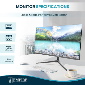 Empire 27 Inch Monitor With Speakers, 75Hz Computer Monitor With 99% SRGB, Ultra-Slim Design Frameless PC Monitor With Tilt V Stand, Anti-Glare And Free Sync Computer Screen With Full HD LED Display