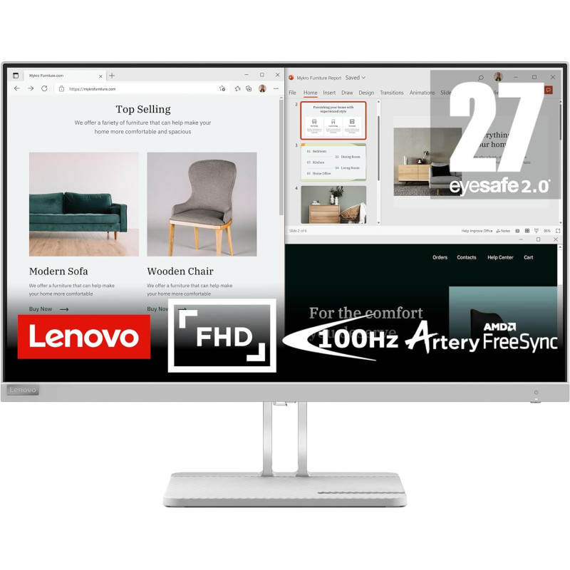 Lenovo L27E-40 27 Inch VA Full HD 100Hz Anti-Glare Monitor With HDMI, VGA, AMD Freesync, Tilt Stand - Cloud Grey