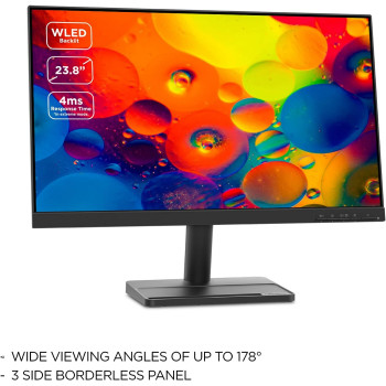 Lenovo L24E 30 24 Inch, VA, FHD, 4ms, 75Hz, AMD Freesync, 1920 x 1080, VESA, 3 Side Near Edgeless, Eye Comfort Certified Eyecare 66BCKAC2UK, Black