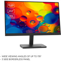 Lenovo L24E 30 24 Inch, VA, FHD, 4ms, 75Hz, AMD Freesync, 1920 x 1080, VESA, 3 Side Near Edgeless, Eye Comfort Certified Eyecare 66BCKAC2UK, Black
