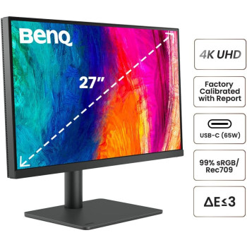 BenQ PD2705U 27 Inch 3840 x 2160 4K Designer Monitor, UHD, SRGB, Rec.709, SRGB, Hdr10, IPS, USB-C (65W), USB Hub, Aqcolor, Factory-Calibrated, Cad/Cam Mode, Hotkey Puck G2, KVM, Ergonmic, ICC Sync (Grey)
